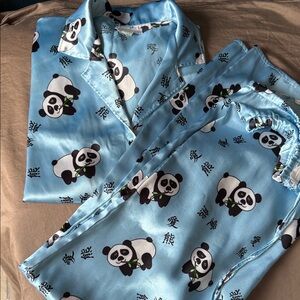 Blue Satin Silk Panda Pajama Set